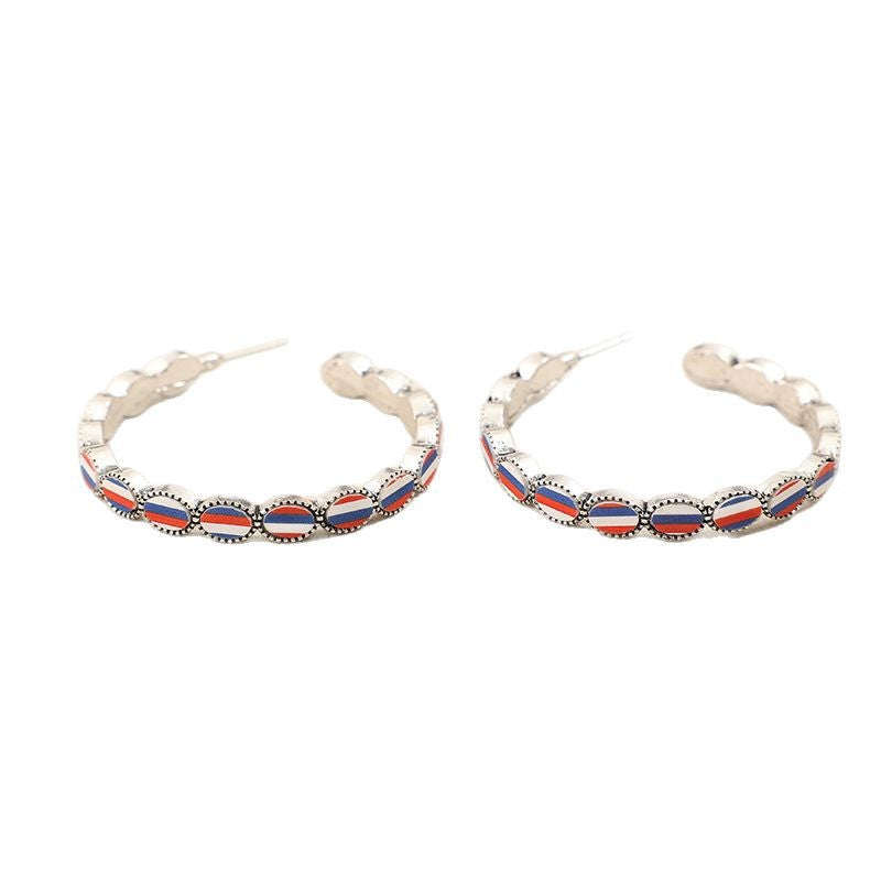 Wholesale C-shaped acrylic blue white  and red striped alloy vintage earrings